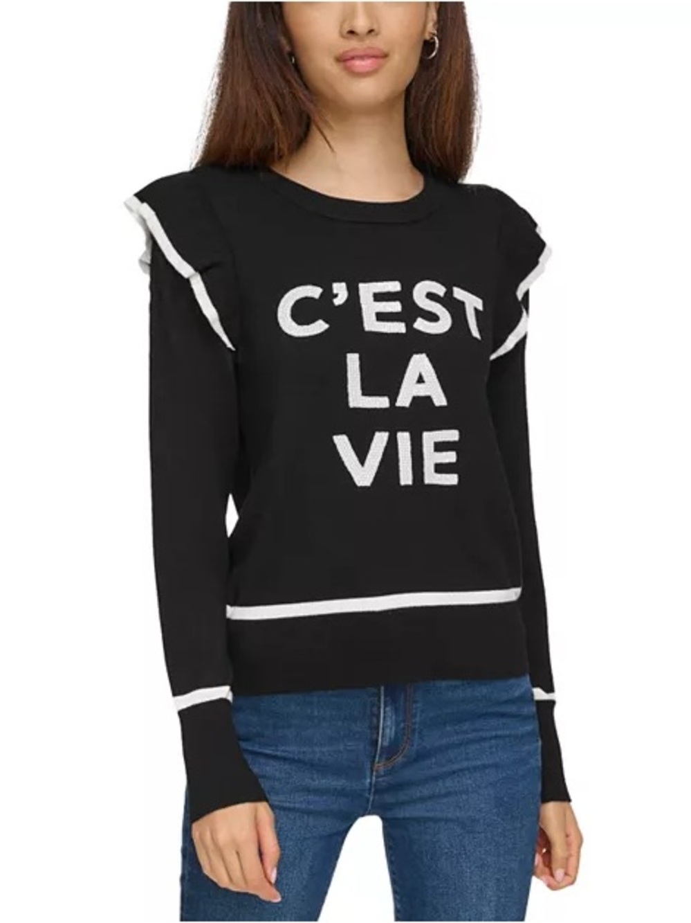 Karl Lagerfeld Paris Sweater Womens Black C’est La Vie Ruffle Shoulder Small